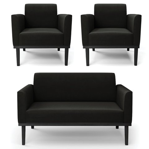 Sofá Namoradeira e 2 Poltronas Base Madeira Preto Maressa Suede Preto - Ibiza