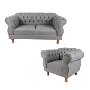 Uma Sofá Namoradeira 2 Lugares Elisabeth Capitonê + Uma Poltrona Eisabeth Linho Cinza Chesterfield P