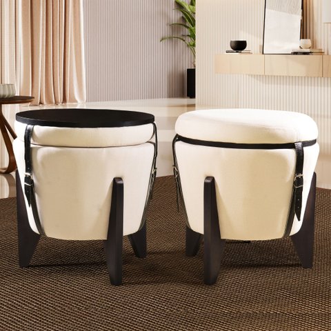 Pufe Mesa Centro Baú Pés Preto Linho Cru Soft Tampo Preto