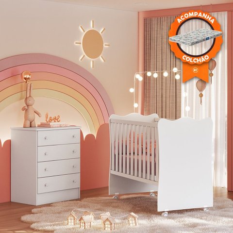 Berço Simples com Colchão Probel e Cômoda 777 para Quarto de Bebê Infantil Doce Sonho Branco Qmovi