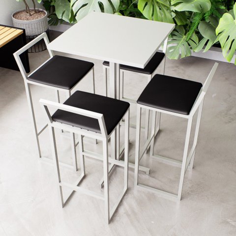 Conjunto Mesa Alta Bar Bistrô Quadrada Branca 4 Banquetas Confort Estofado White Don Castro