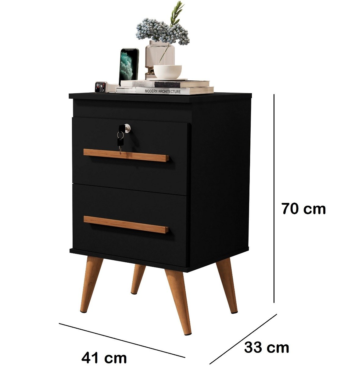 Mesa De Cabeceira Com Chave 70 Cm De Altura 2 Gavetas Preto - 3