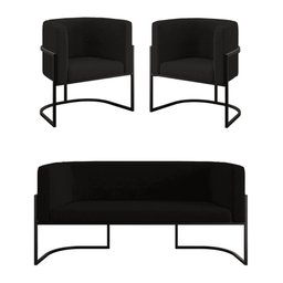 Kit 2 Poltronas + Sofá 2 Lugares Base de Metal Black Balaqui Preto - 1