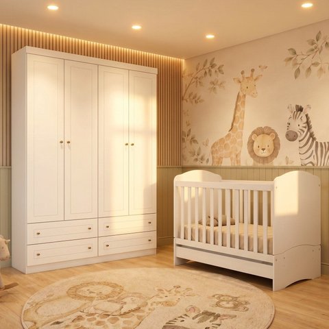 Conjunto Quarto de Bebê com Berço 3 em 1 e Guarda-Roupa Savana Branco Yescasa