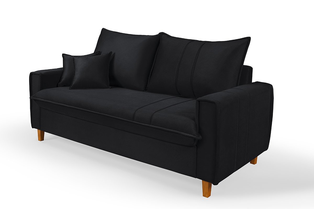 Sofa Living com Bau Multiuso 3 Lugares Suede Pes em Madeira: Preto