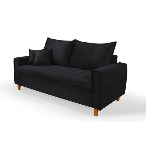 Sofa Living com Bau Multiuso 3 Lugares Suede Pes em Madeira: Preto