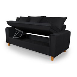 Sofa Living com Bau Multiuso 3 Lugares Suede Pes em Madeira: Preto - 3