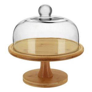 Prato Bolo com Pé 27x26x26cm Bambu Natural Tampa Vidro Boleira