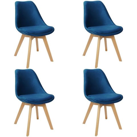 Kit 4 Cadeiras Charles Eames Leda Veludo Luisa Saarinen Estofada Base Madeira - Azul