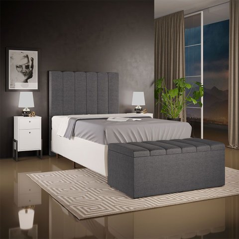 Kit Cabeceira Cama Box Solteiro 100cm com Calçadeira Baú Dália W01 Linho Cinza Escuro - Lyam
