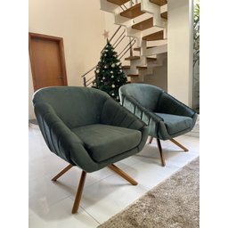 Kit Duas Poltrona Giovana Base Giratória Ferro e Madeira em Sued Premium:verde Musgo - 7