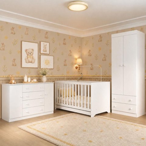 Quarto de Bebê Completo com Berço Americano 3 em 1/Guarda-Roupa/Cômoda Flor Multimóveis MP4941