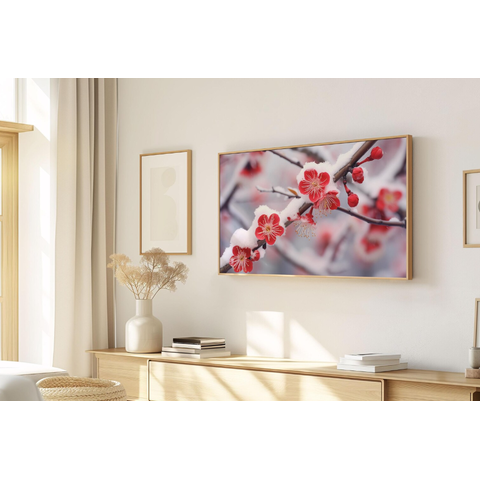 Quadro Decorativo N°181 160x90cm - Panorâmico Botânico - Flores Vermelhas - Madeira Clara - Rollflex