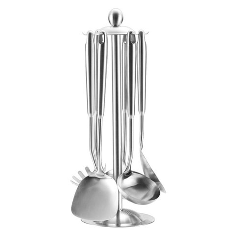 Kit C/6 Utensílios de Cozinha Inox com Suporte P/ Pendurar