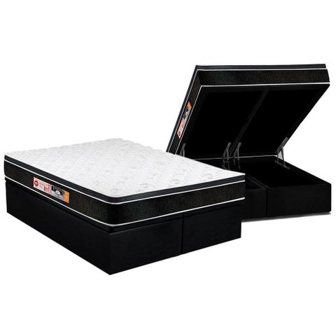 Cama Box Baú King: Colchão Espuma D33 Castor Black e White Air Euro Pillow + Base CRC Courano