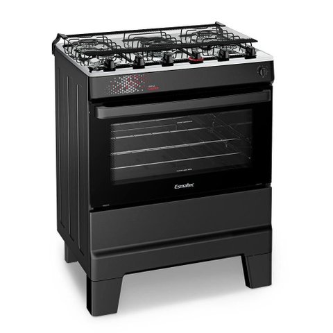 Fogão a Gás Mesa Inox Tampa de Vidro Forno 84l Esmaltec Ideal Master Preto 5 Bocas Bivolt