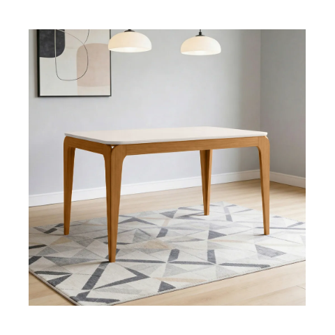 Mesa de Jantar 4 Lugares Retangular 120cm Tampo MDF com Vidro Claris N01 Ypê Off White - Lyam Decor