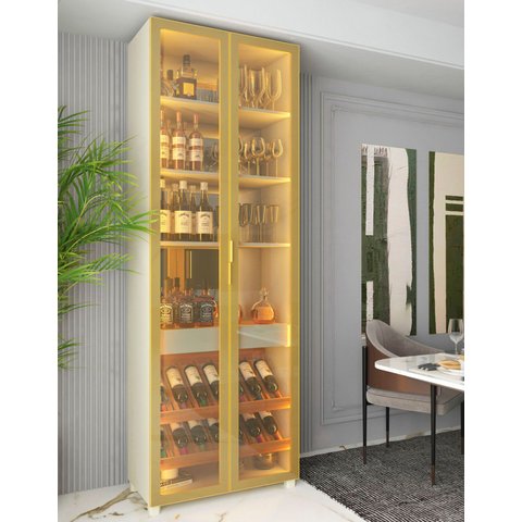 Cristaleira Torre Modulo Estante Bar Adega LED Pés Ladisa Cor:Off White/Dourado