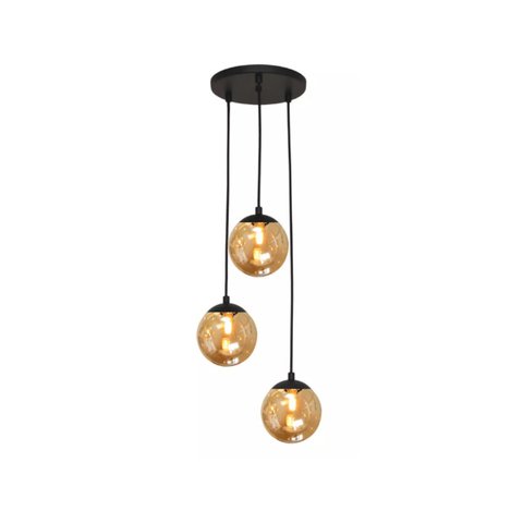 Pendente Moderno Preto Globo Triplo P/ Sala Espaço Gourmet Arevo Iluminação Jabuticaba VIDRO ÂMBAR