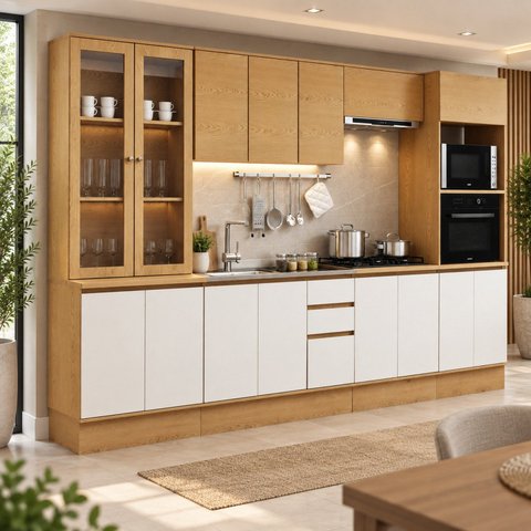 Cozinha Modulada Completa Compacta 16 Portas Vivace com Cristaleira Cinamomo/Off White