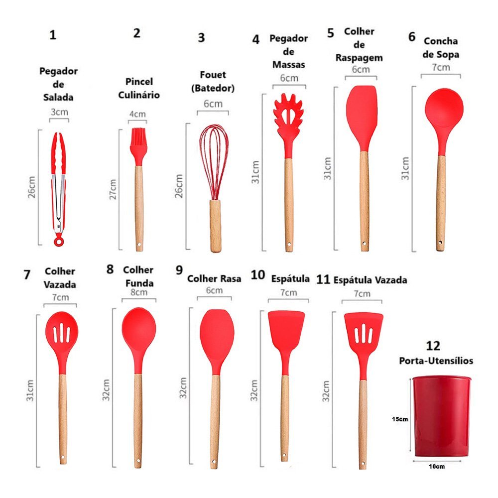 Jogo de Cozinha 12 Peças Silicone Concha Espatula Colher Escumadeira Pegador Utensilio Conjunto Talh - 5