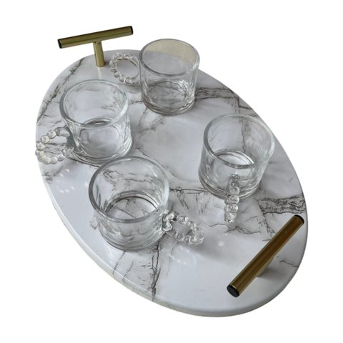 Bandeja Carrara Oval 35 X 24cm com 4 Xicaras Cristal Wolff