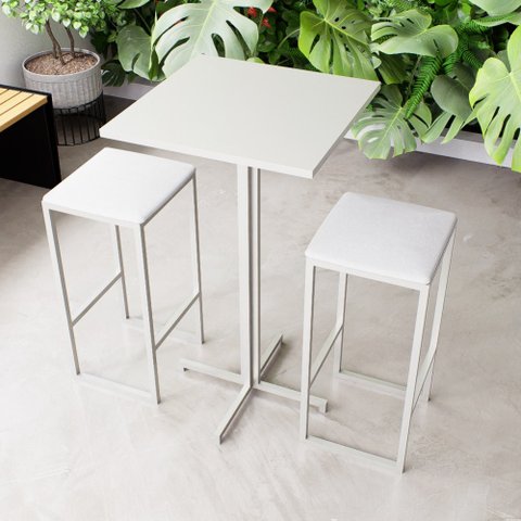 Conjunto Mesa Alta Bar Bistrô Quadrada Branca 2 Bancos Estofado Don Castro Decor