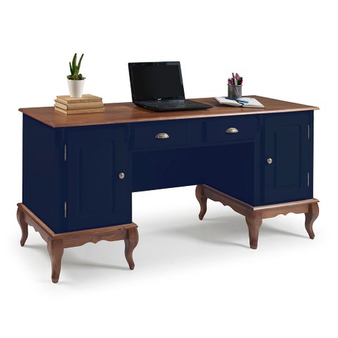 Escrivaninha Hannover 2 Portas 2 Gavetas Divisor de Ambiente 60813 Linz Moveis- Azul Petróleo/imbuia