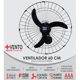 Ventilador de Parede Oscilante 60 cm Alta Performance Preto Vent New 001 (127v.) / 002 (220v.) - 2