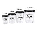 Ver imagem 2 de Kit Potes Mantimentos Tampa Preta 4 Peças com Medidor Café 1l, Açúcar 2l, Feijão 3l e Arroz 5,8l