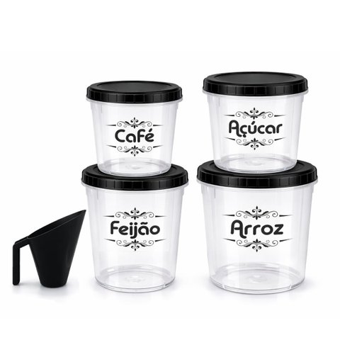 Kit Potes Mantimentos Tampa Preta 4 Peças com Medidor Café 1l, Açúcar 2l, Feijão 3l e Arroz 5,8l