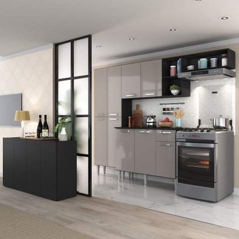 Cozinha Completa C/ Buffet/aparador Multimóveis Mp2043 Preta/lacca Fumê