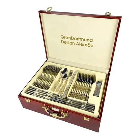 Faqueiro Inox Banhado a Ouro Grandortmund 84 Peças Luxo
