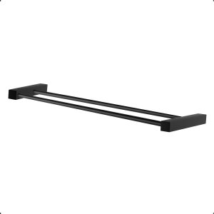 Porta Toalha Duplo Grego Metal Suporte Quadrado Barra 30cm Banheiro Preto Fosco Troia