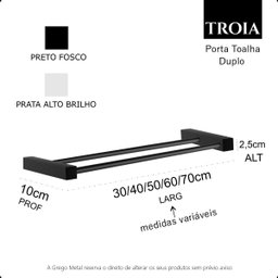 Porta Toalha Duplo Grego Metal Suporte Quadrado Barra 30cm Banheiro Preto Fosco Troia - 4