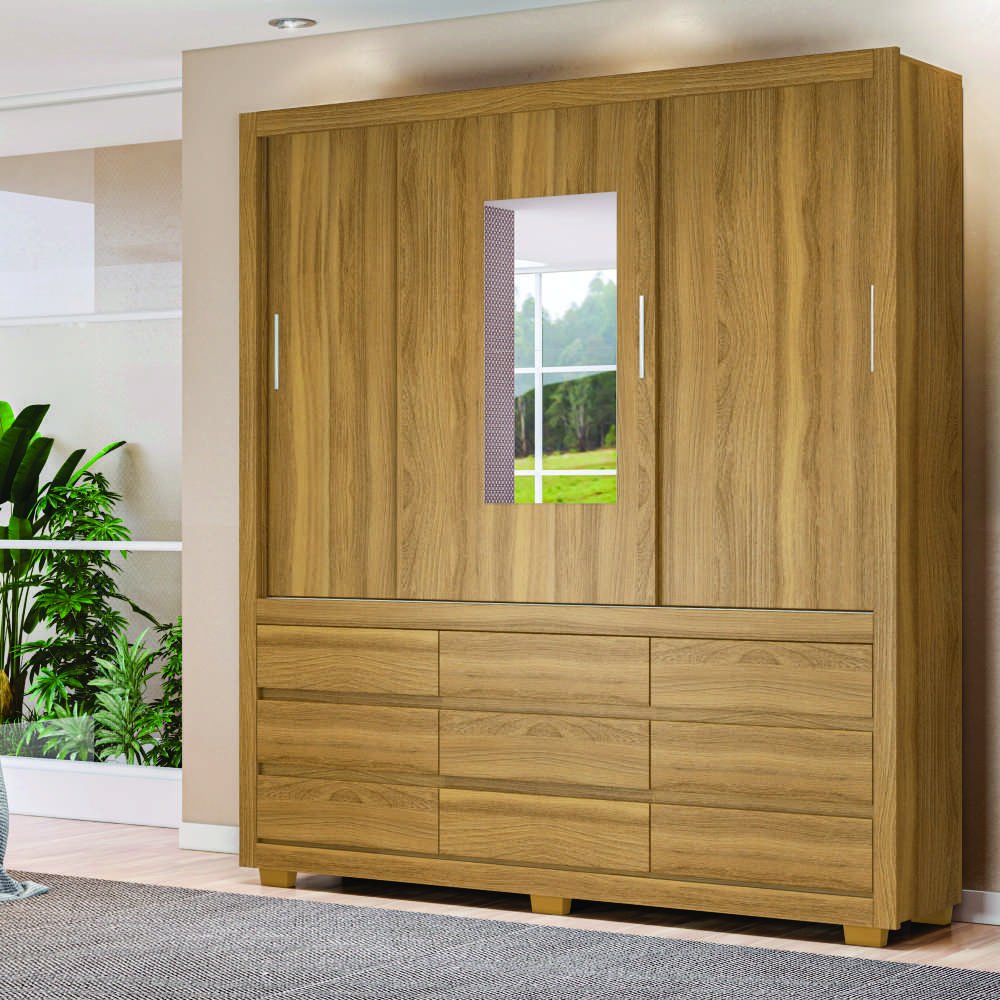 Guarda-Roupa Casal 3 Portas 9 Gavetas com Espelho Detroit Amêndola ...