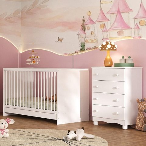 Berço 3 em 1 para Colchão 130x60cm com Cômoda 4 Gavetas Luna Multimóveis Mp4746 Branco
