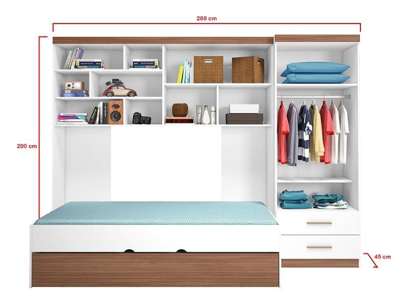 Jogo de Quarto para Adolescente Chiara 4 Peças - Roupeiro 2 Portas, Módulo Aéreo e Cama com - 4