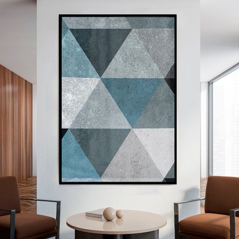 Quadro Decorativo Geométrico Triângulos em Tons de Azul  em Moldura Caixa TaColado Moldura Trad 1cm 