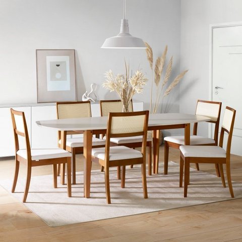 Conjunto Mesa Extensível Oval 6 Cadeiras Madeira Maciça Encosto Telado Tiê CabeCasa MadeiraOriginals