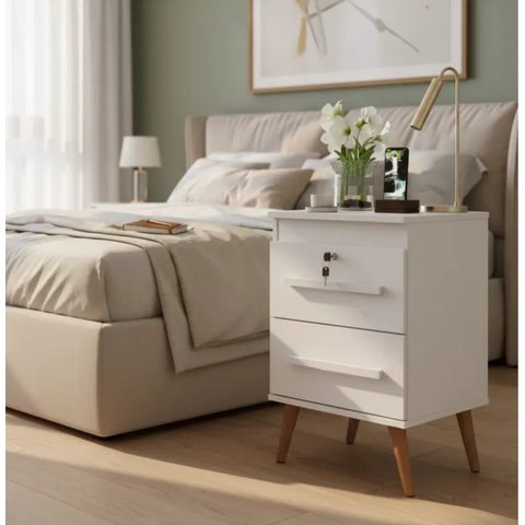 Mesa de Cabeceira 2 Gavetas com Chave Madri Branco