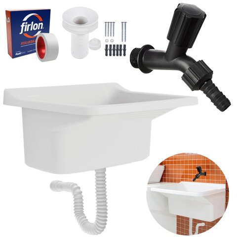 Tanque de Plástico 34l para Lavanderia Branco + Sifão Universal Sanfonado + Fita Veda Rosca + Tornei