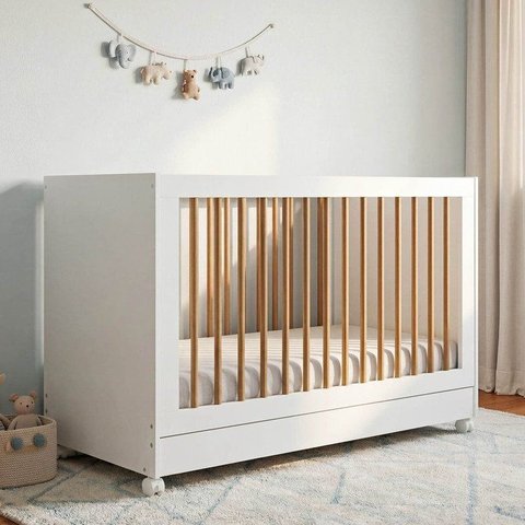 Berço Evolutivo 2 em 1 com Grades Palito em Madeira Maciça Casulo Casatema MadeiraOriginals Branco
