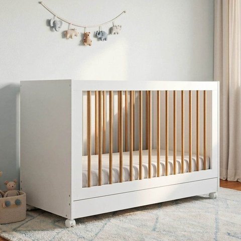 Berço Evolutivo 2 em 1 com Grades Palito em Madeira Maciça Casulo Casatema MadeiraOriginals Branco