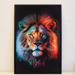 Quadro com Moldura Impressão de Leão em Tela 62x43cm Colorido - 2
