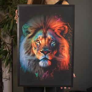 Quadro com Moldura Impressão de Leão em Tela 62x43cm Colorido