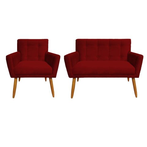 Kit Namoradeira + 1 Poltrona Decorativa Onix Suede Vermelho Pés Madeira Ms Decor