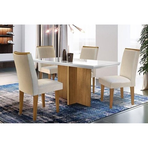 Conjunto: Mesa de Cozinha Berlim Tampo Madeirado C/ Vidro Canto Reto 120x80cm Canto Reto e 4