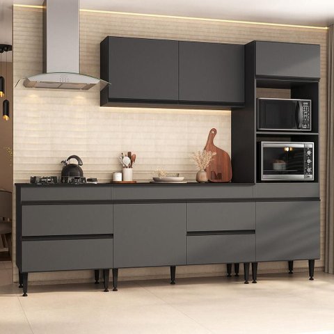 Armário de Cozinha Modulada Completa 251,5cm 4 Peças Milano Multimóveis MP2376 Grafite