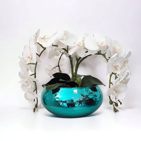 Arranjo Grande 4 Flores Orquídeas Artificial no Vaso Azul